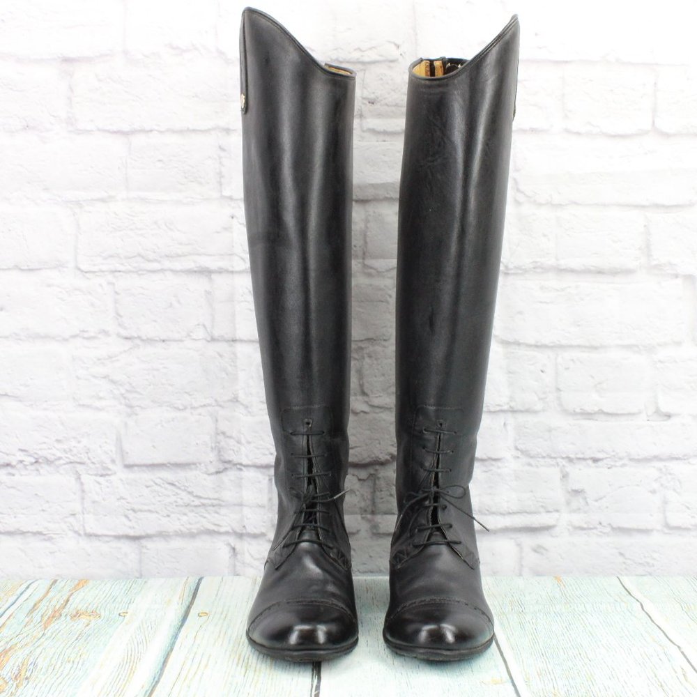 *Unbranded Black Leather Pull On Cap Toe Back Zipper Tall Boots Size 10.5 - Picture 4 of 9